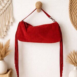 FREE PEOPLE Finn Fringed Suede Shoulder Bag In Red NWT`
